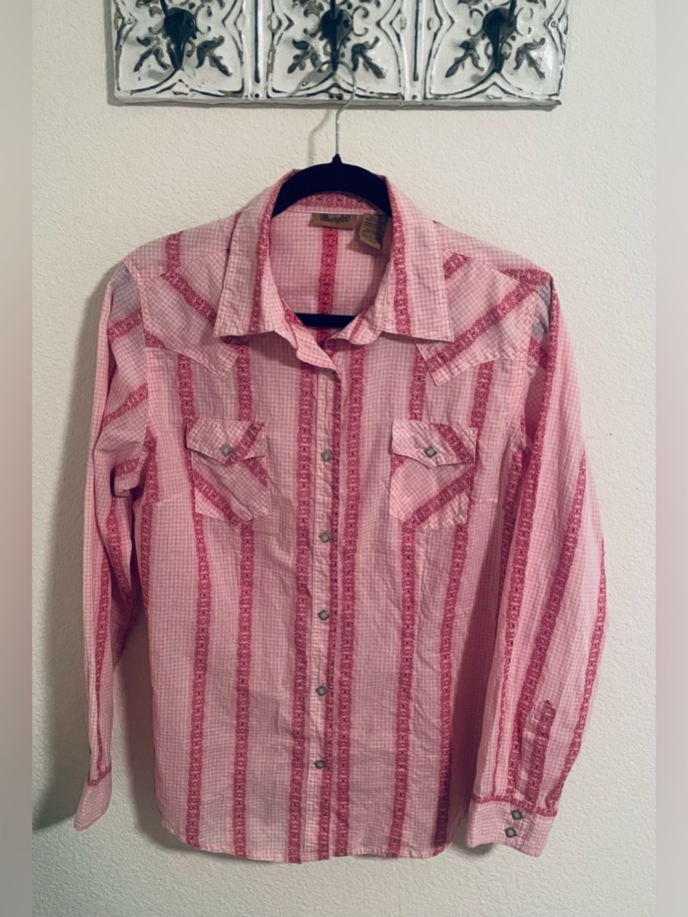 Wrangler Vintage Pearl Button Down Pink Striped Western Shirt Rodeo Cowgirl L